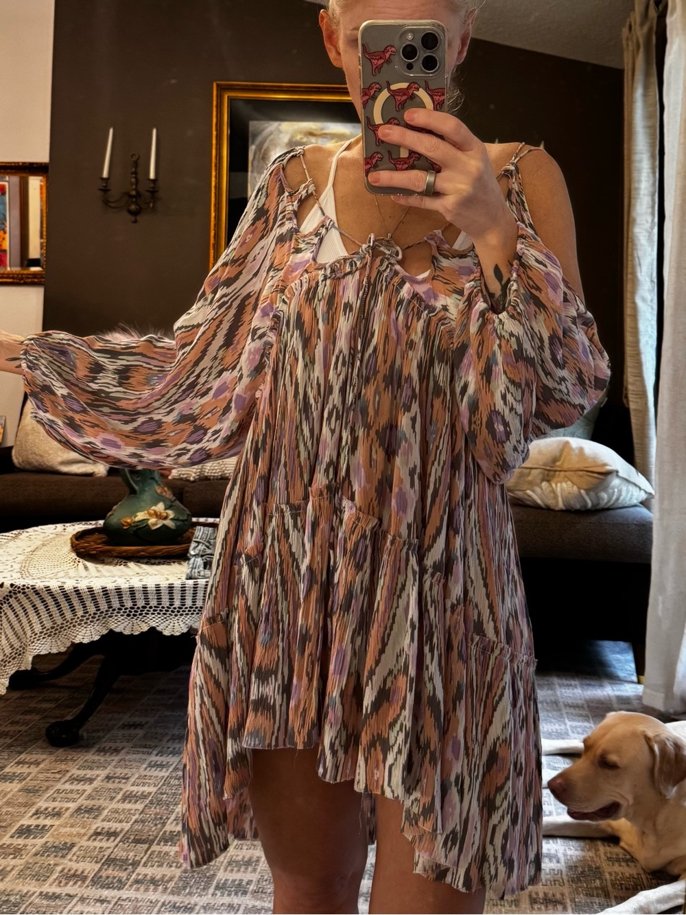 Free People Pink Multicolor Cold-Shoulder Tiered High-Low Dress